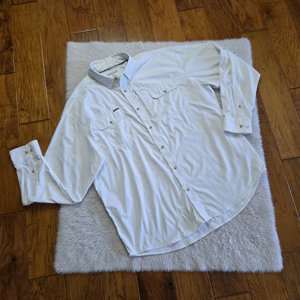 Poncho Button Up Long Sleeve Shirt Mens XL Regular Fit White Magnetic Pockets - Picture 1 of 8